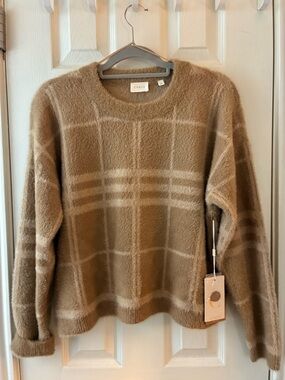 Cyrus Tan Plaid Fuzzy Crewneck Sweater